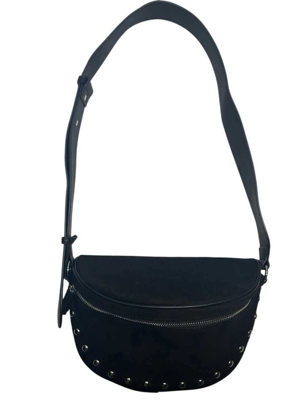 Ahdorned Black Vegan Faux Suede Studded Boho Belt Bag Crossbody Sling Purse - Picture 5 of 13